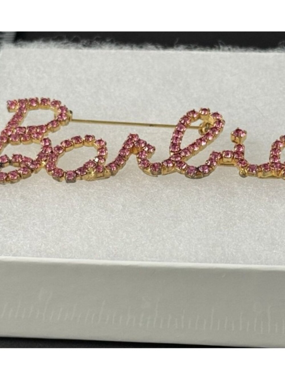 Barbie Script Rhinestone Logo Brooch Pin Pink Crystal Gold-Tone 3-1/4 inches - Picture 10 of 11